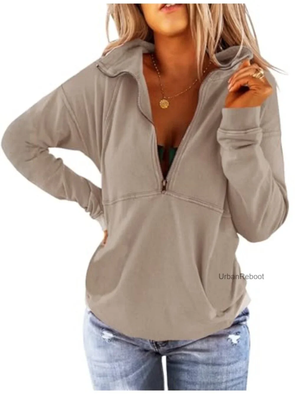 Women's Long Sleeve Lapel Half Zip Up Sweatshirt Casual Pullover